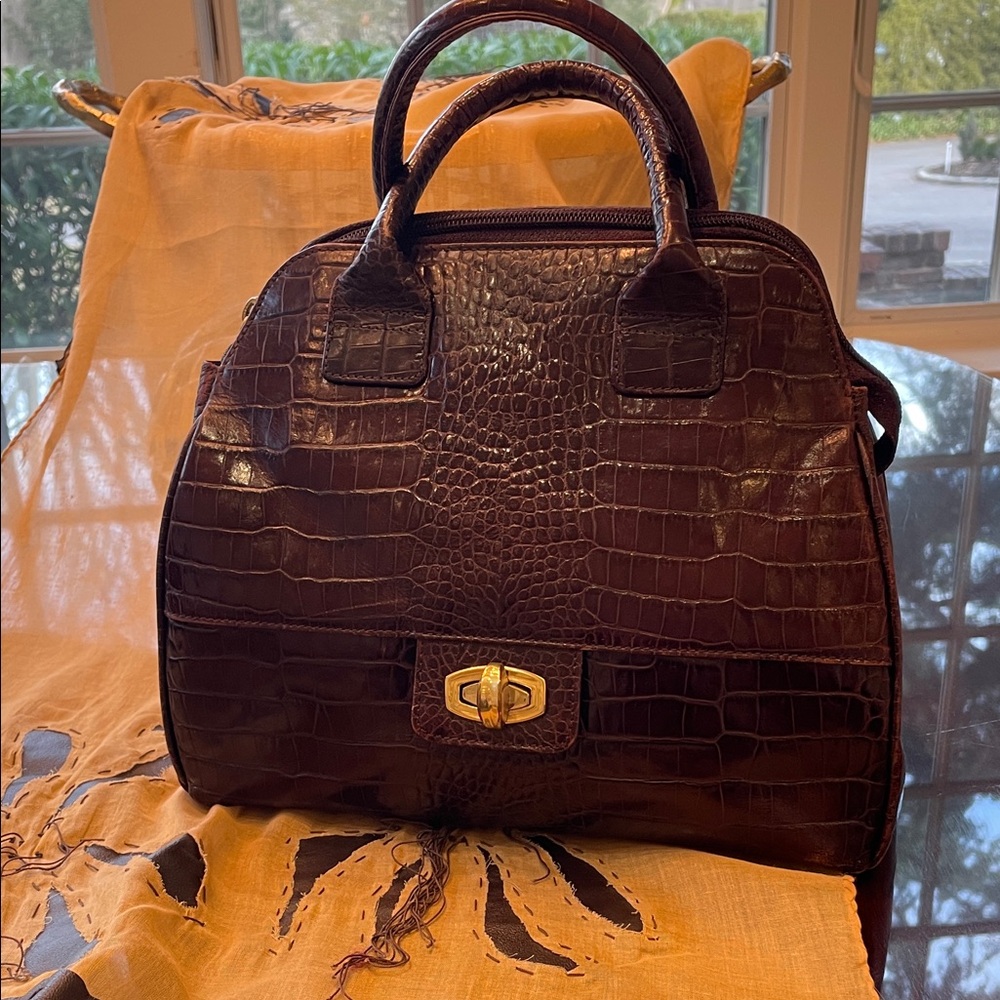 Vintage DKNY Dark Brown Crocodile-Embossed Satchel
H 9” W 10” D5”